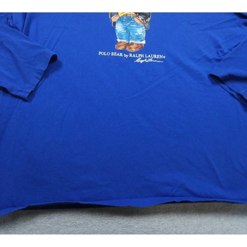 Polo Ralph Lauren Shirt Mens 2XL XXL Blue Long Sleeve Hooded Polo Bear Tee Adult